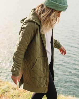 Bluza z Kapturem Passenger Getaway Recycled Bawełniane Pikowana Full Zip Damskie Khaki | Polska-ANBZSP874