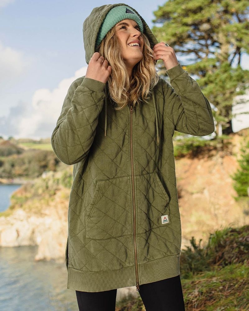 Bluza z Kapturem Passenger Getaway Recycled Bawełniane Pikowana Full Zip Damskie Khaki | Polska-ANBZSP874