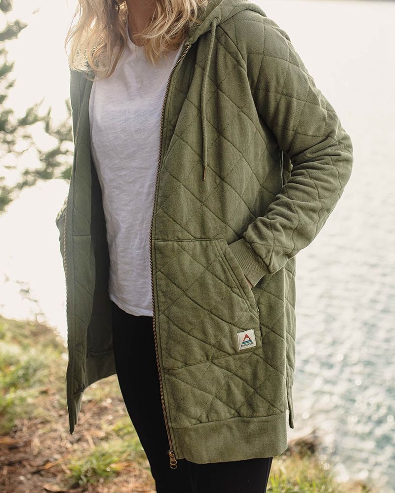 Bluza z Kapturem Passenger Getaway Recycled Bawełniane Pikowana Full Zip Damskie Khaki | Polska-ANBZSP874