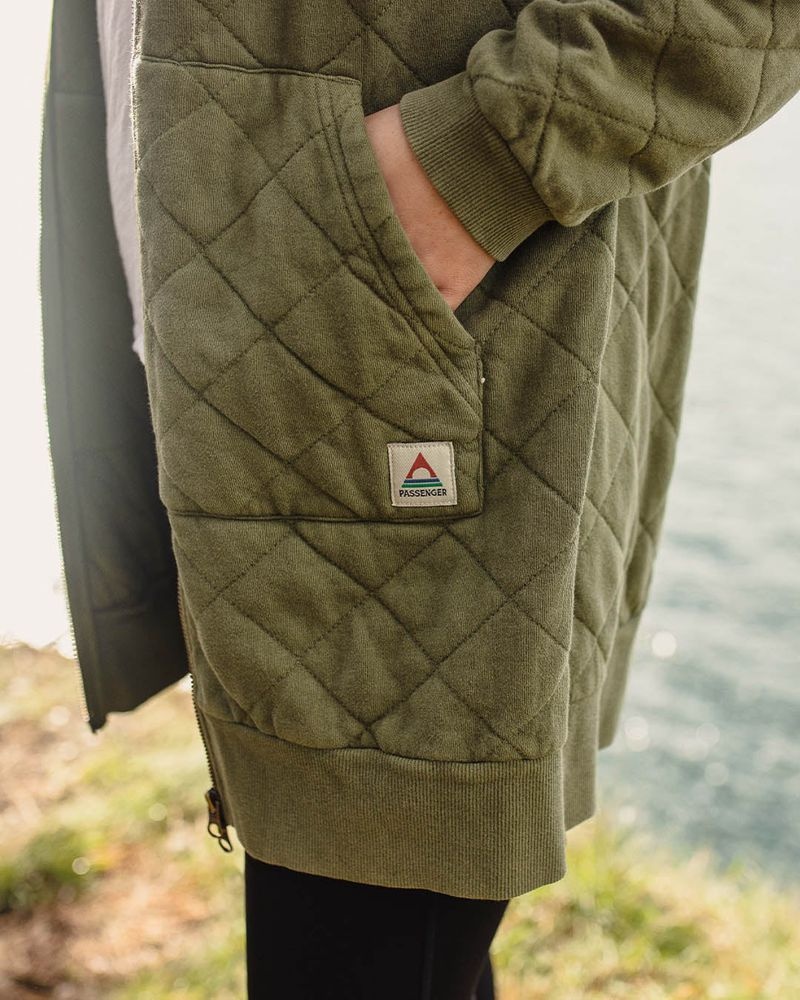 Bluza z Kapturem Passenger Getaway Recycled Bawełniane Pikowana Full Zip Damskie Khaki | Polska-ANBZSP874