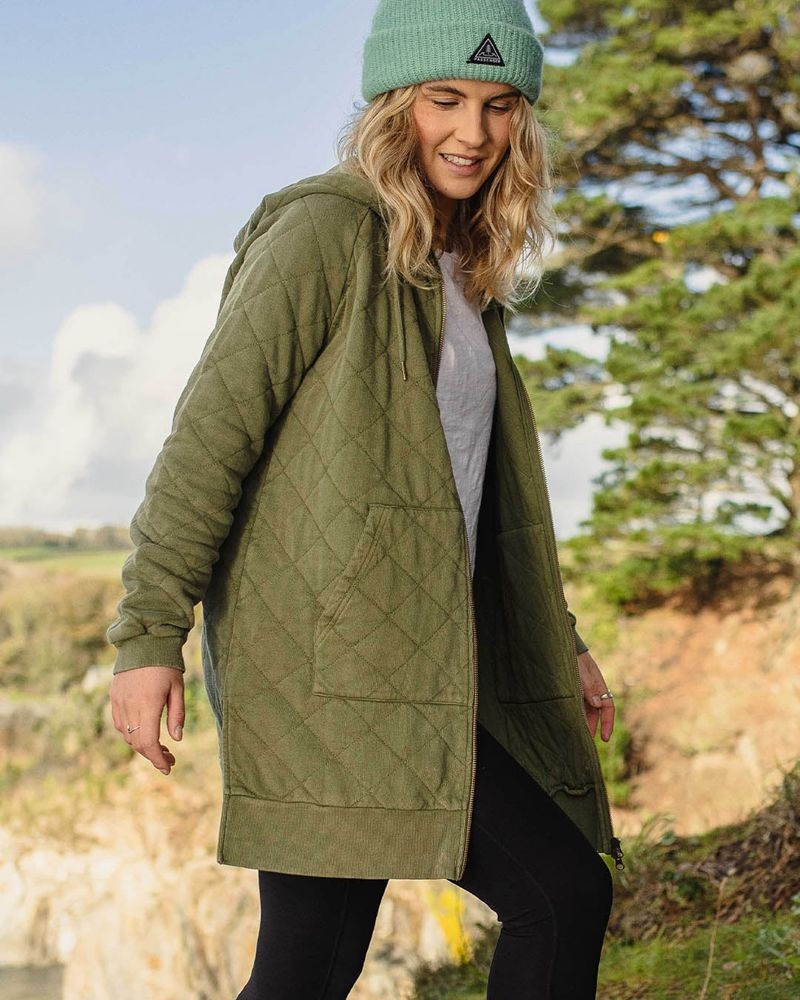 Bluza z Kapturem Passenger Getaway Recycled Bawełniane Pikowana Full Zip Damskie Khaki | Polska-ANBZSP874