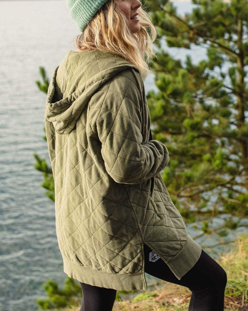 Bluza z Kapturem Passenger Getaway Recycled Bawełniane Pikowana Full Zip Damskie Khaki | Polska-ANBZSP874