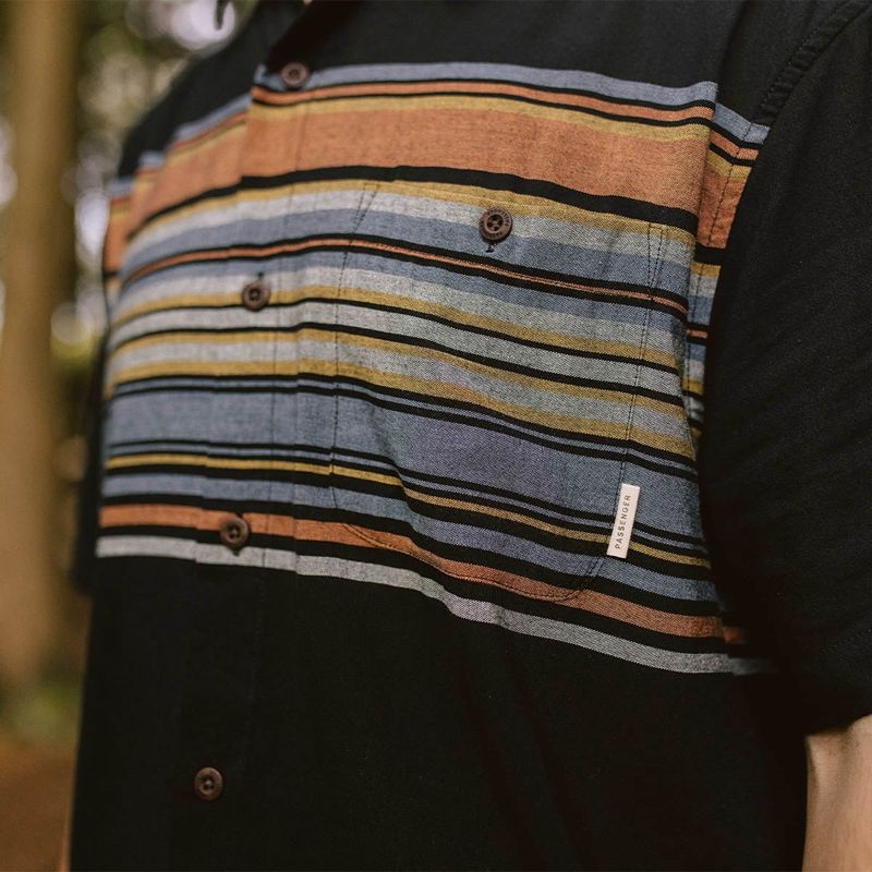 Koszule Passenger Ebb Organic Bawełniane Krótkie Sleeve Męskie Czarne Paski | Polska-WIUNOV172